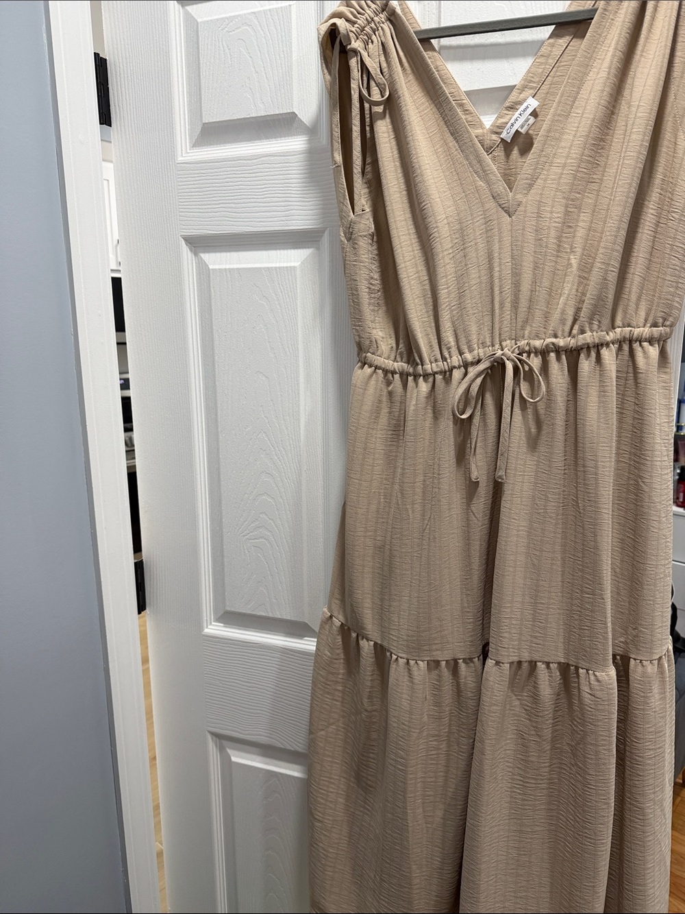 Calvin Klein Taupe Tiered V-Neck Maxi Dress with Drawstring